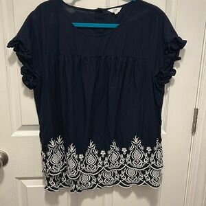 Crown And Ivy navy blue blouse with white embroidery